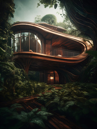 3D rendering of a fantasy house in the jungle with a wooden floorの素材