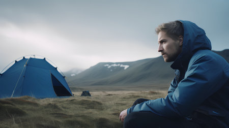 Man sitting in front of a tent on a meadow in Icelandの素材