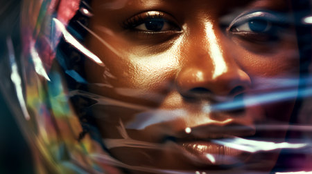 Close-up portrait of beautiful african american woman with plastic wrap.の素材