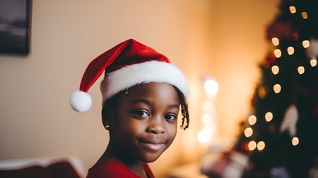 Portrait of a cute african american girl in Santa hatの素材