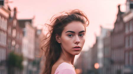 Portrait of beautiful young woman with flying hair in the city.の素材