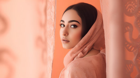 beautiful girl in pink robe looking at camera through curtain on orange backgroundの素材