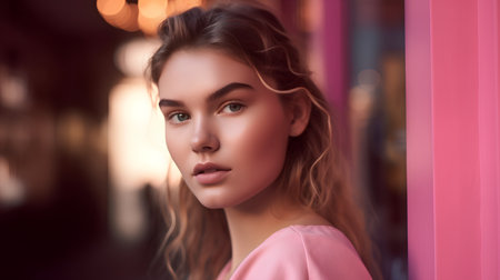 Portrait of beautiful young woman with makeup and hairstyle in pink dress.の素材