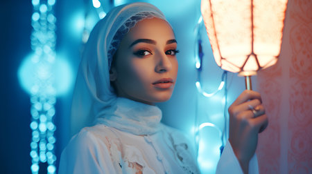 Portrait of a beautiful girl in a white dress with a headscarf.の素材