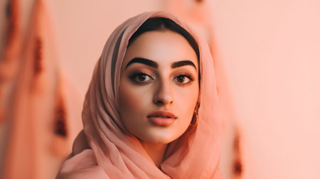 beautiful young woman in headscarf looking at camera isolated on pinkの素材