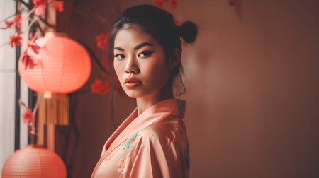 beautiful asian woman wearing kimono in the chinese new yearの素材
