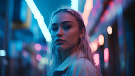 Fashion portrait of young beautiful woman in the city at night.の素材