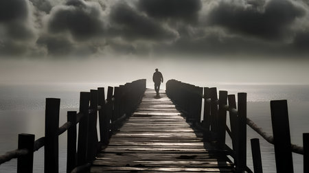 Silhouette of a man walking on a wooden pier in the morningの素材