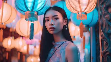 Beautiful asian woman with lanterns in chinese new year festivalの素材