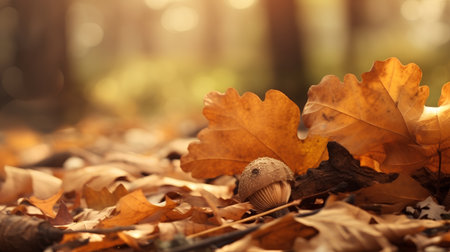 Autumn forest with mushrooms and fallen leaves. Autumn nature background.の素材