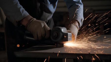 Close-up of worker cutting metal with angle grinder in workshopの素材