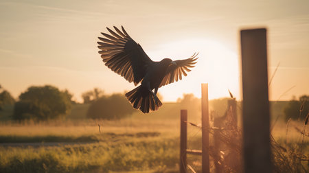 Silhouette of a flying pigeon in the field at sunset.の素材