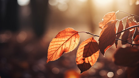 Autumn leaves in the forest at sunset. Shallow depth of field.の素材