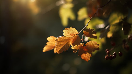 Autumn leaves on a branch in the rays of the setting sunの素材