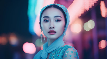 Beautiful asian muslim woman wearing headscarf in night cityの素材