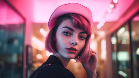 Portrait of a beautiful fashionable girl with pink hair in a pink hat.の素材