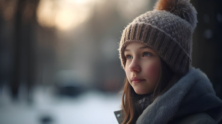 Portrait of a beautiful young girl in a winter hat and scarf.の素材