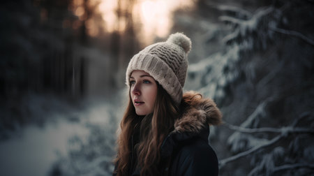 Portrait of a beautiful girl in a hat and coat in the winter forestの素材