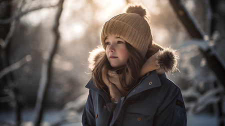 Portrait of a beautiful girl in a winter park. Winter fashion.の素材