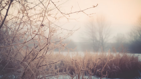 Winter landscape with frozen trees and fog. Filtered image processed vintage effect.の素材