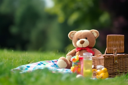 Teddy bear and picnic basket on green grass, shallow DOFの素材