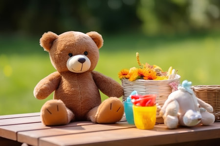 Cute teddy bear and basket of flowers on table in gardenの素材