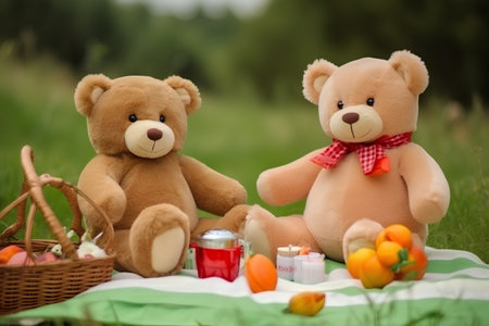 Two teddy bears sitting on picnic blanket with basket of fruits and candlesの素材