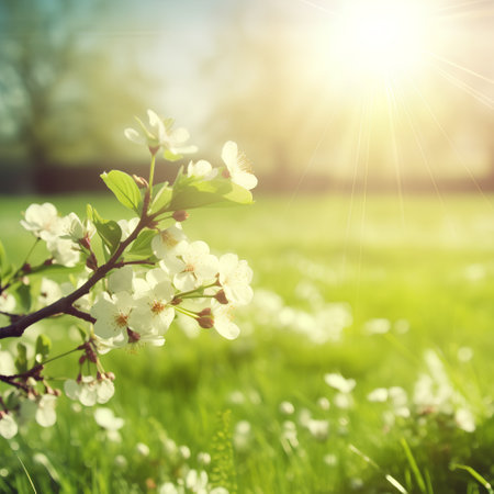 Blossoming branch of cherry on a background of green grass and sunsetの素材