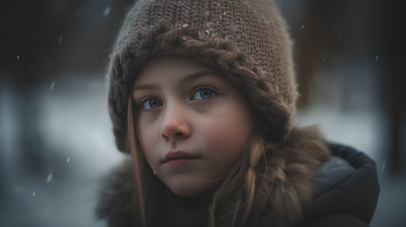 A portrait of a beautiful little girl in a warm hat and coat.の素材