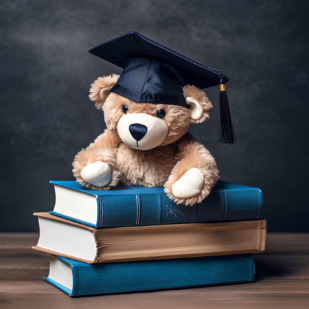 Teddy bear with graduation cap and books on wooden table. Education concept.の素材