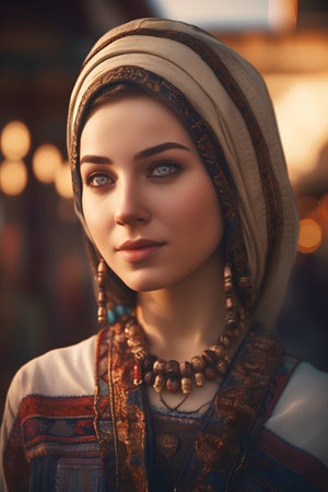 Portrait of a beautiful girl in a turban on the background of the city.の素材