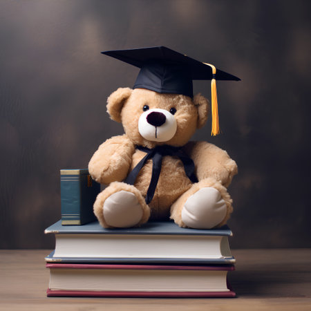 Teddy bear with graduation cap and books on wooden table. Education conceptの素材