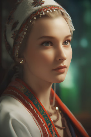 Portrait of a beautiful girl in a Russian national costume. Retro style.の素材