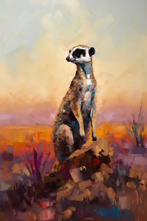 Meerkat sitting on a tree in a meadow at sunsetの素材