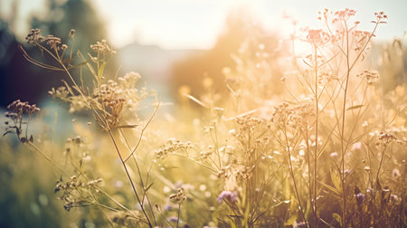 Summer meadow with wild flowers at sunset. Beautiful nature background.の素材