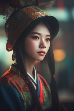 Portrait of a beautiful asian woman in traditional costume in the cityの素材