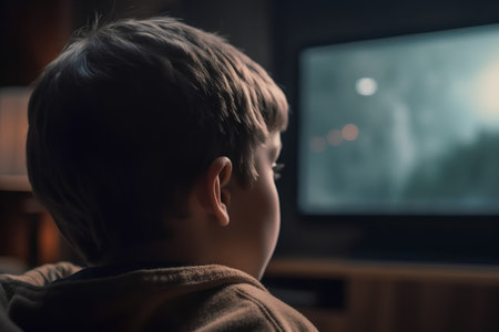 Cute little boy watching a movie on a television at home.の素材