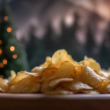 Potato chips on a wooden background with Christmas tree in the backgroundの素材