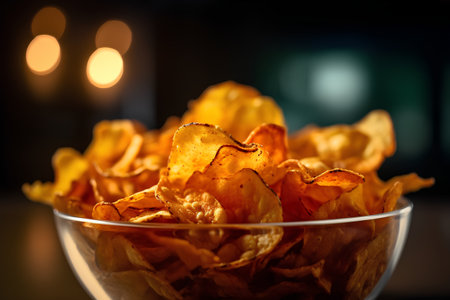 Potato chips in a glass bowl on a dark background. Selective focus.の素材
