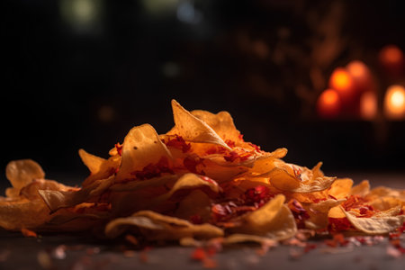 Mexican nachos chips on a wooden table with a burning fire in the backgroundの素材