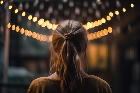 Rear view of young woman with long braid looking at lightsの素材