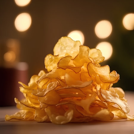 close up of a pile of potato chips against a bokeh backgroundの素材