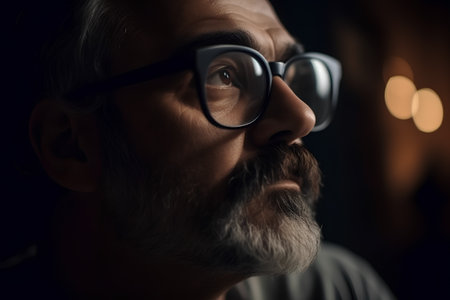 Portrait of a bearded man with glasses on a dark background.の素材