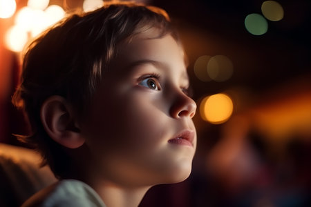 Portrait of a cute little boy at night in a cafe.の素材