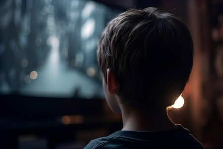 Back view of a boy looking at the light in the night.の素材
