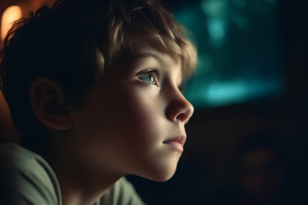 Portrait of a cute little boy looking at something in the darkの素材