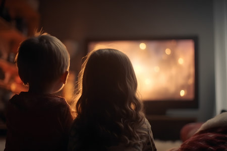 Back view of two little girls looking at fireplace in evening at homeの素材