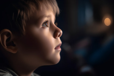 Portrait of a little boy in a dark room. Selective focus.の素材