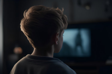 Rear view of a boy looking at the TV in the eveningの素材
