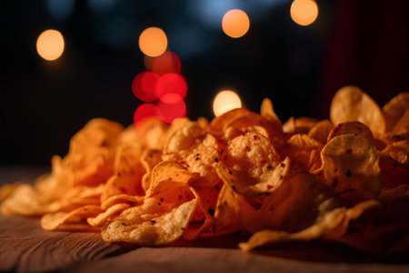 Crispy potato chips on a wooden table against the background of a burning garland.の素材